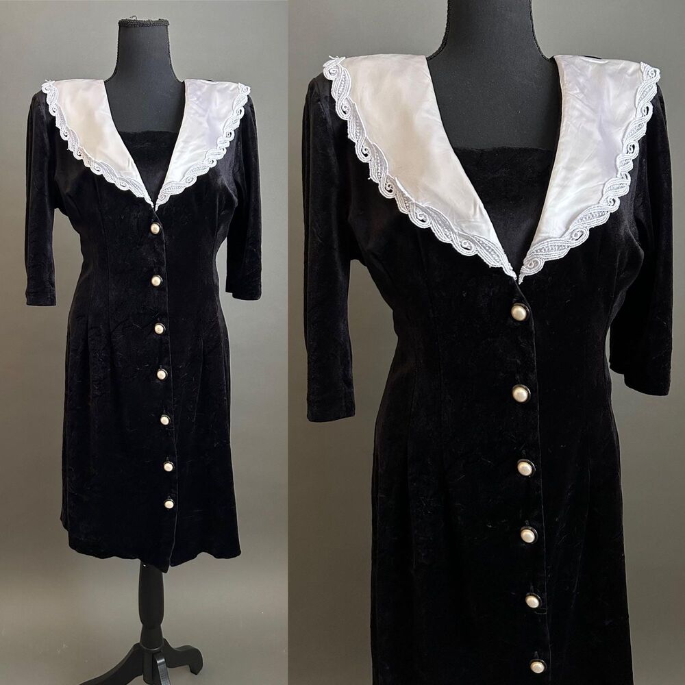 Vintage 1990s Black Velvet Wide Collar Party Dress, Large